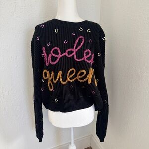 QUEEN OF SPARKLES Black Sweater with Pink and Gold Embroidery